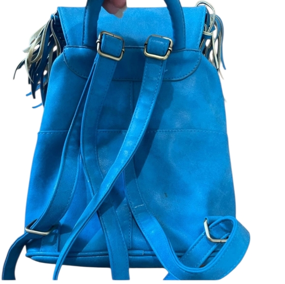 MSK Blue and Beige Fringe Drawstring Backpack - Picture 3 of 7